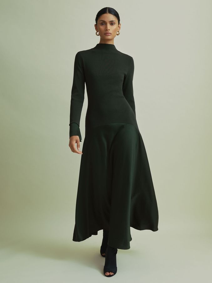 Florere Hybrid Knit-Satin Midi Dress in Dark Green (AB2071) | €84