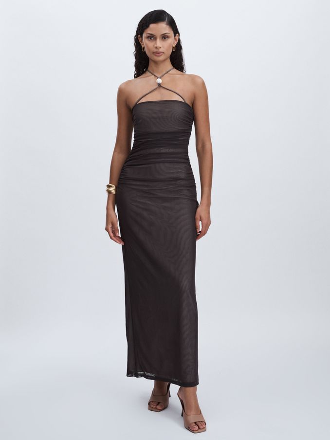 Significant Other Ruched Mesh Maxi Dress in Chocolate (AB2090) | €142