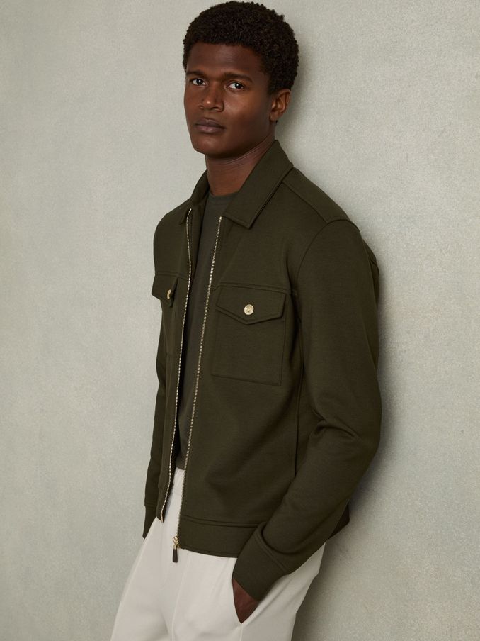 Interlock Jersey Zip-Through Overshirt in Forest Green (AB2280) | US$166