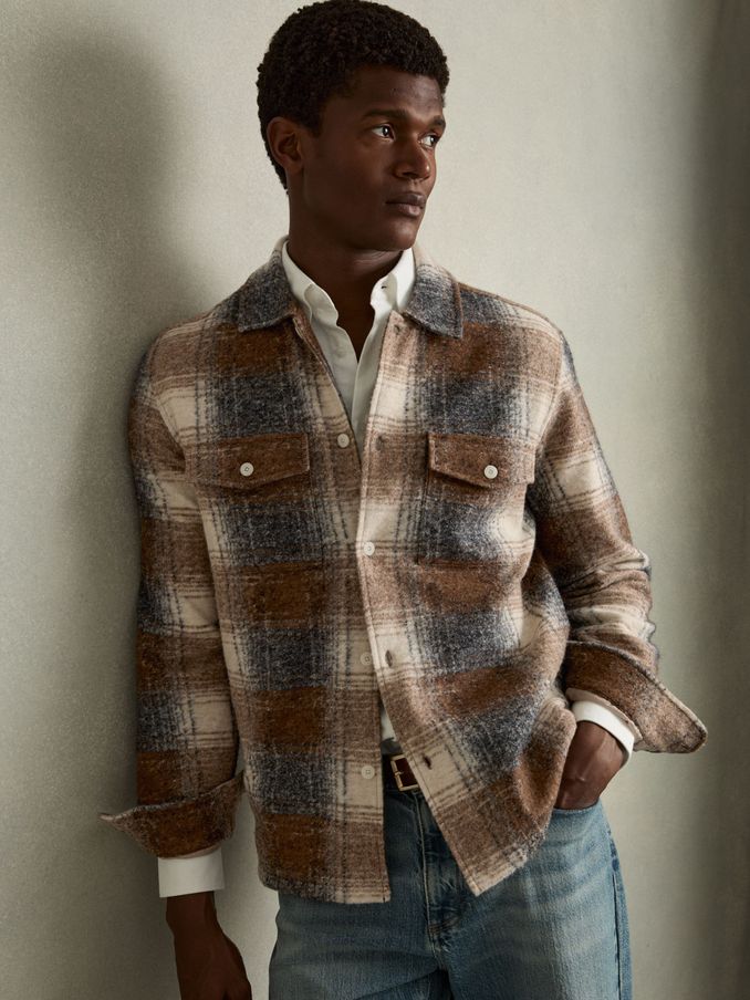Brushed Check Fleece-Lined Overshirt in Brown (AB2283) | €142