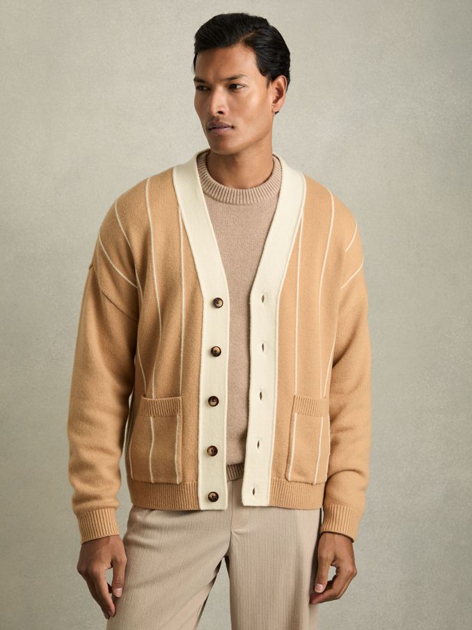 Wool-Blend Pinstripe Cardigan in Camel/White (AB2285) | US$126