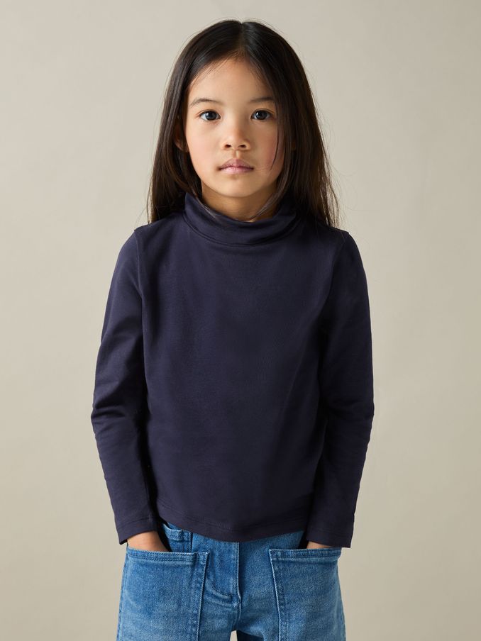 9-13 yrs Cotton-Jersey Roll-Neck Top with Stretch in Navy (AB2287) | €20