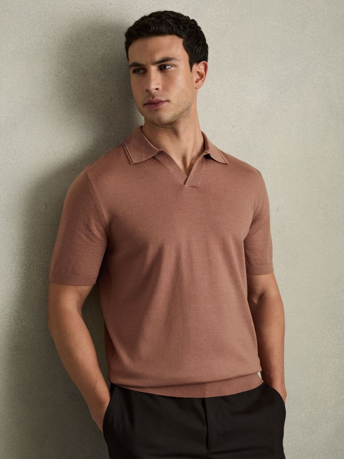 Merino Wool Open Collar Polo Shirt in Dusty Blush Pink (AB2290) | US$145