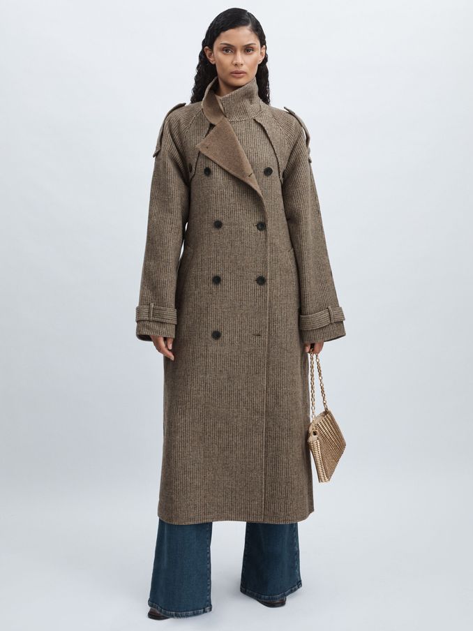 Meotine Beige Check Wool-Blend Houndstooth-Check Trench Coat in Beige Check (AB2291) | €398