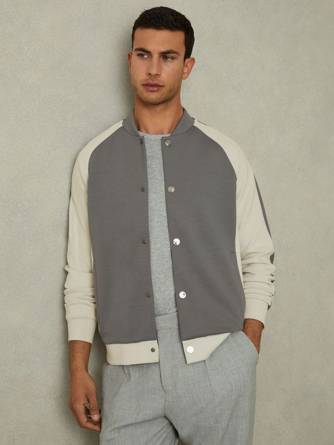 Colourblock Jersey Varsity Jacket in Flint Grey/Off White (AB2292) | US$62