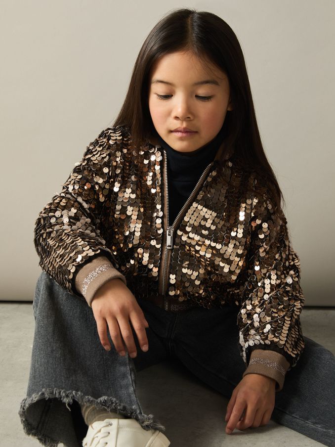 9-13 yrs Sequin Bomber Jacket in Gold (AB2296) | US$56