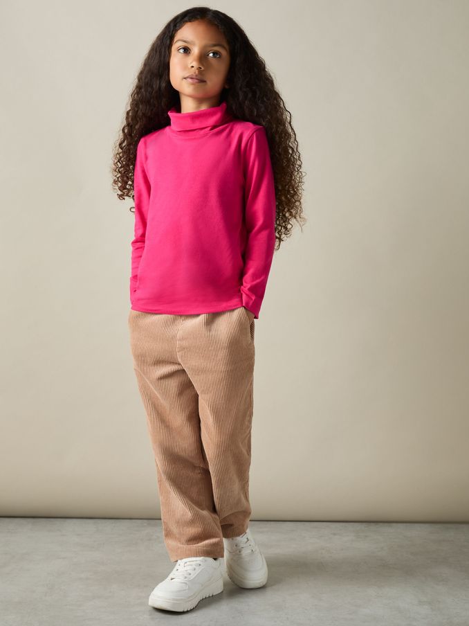 9-13 yrs Cotton-Jersey Roll-Neck Top with Stretch in Bright Pink (AB2307) | US$25