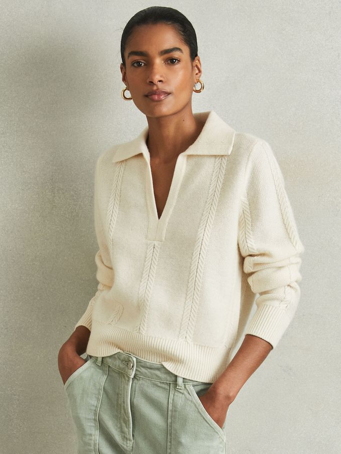 Wool-Cashmere Cropped Open-Collar Jumper in Cream (AB2317) | €96