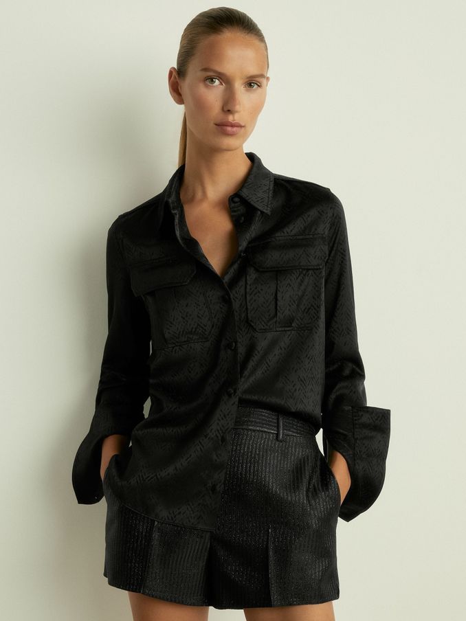 Herringbone-Jacquard Satin Shirt in Black (AB2327) | €82