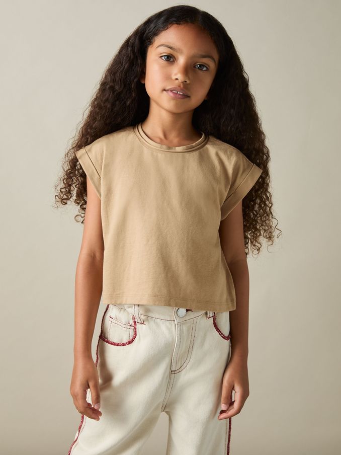 9-13 yrs Cotton-Jersey Cropped T-Shirt in Camel (AB2343) | US$20