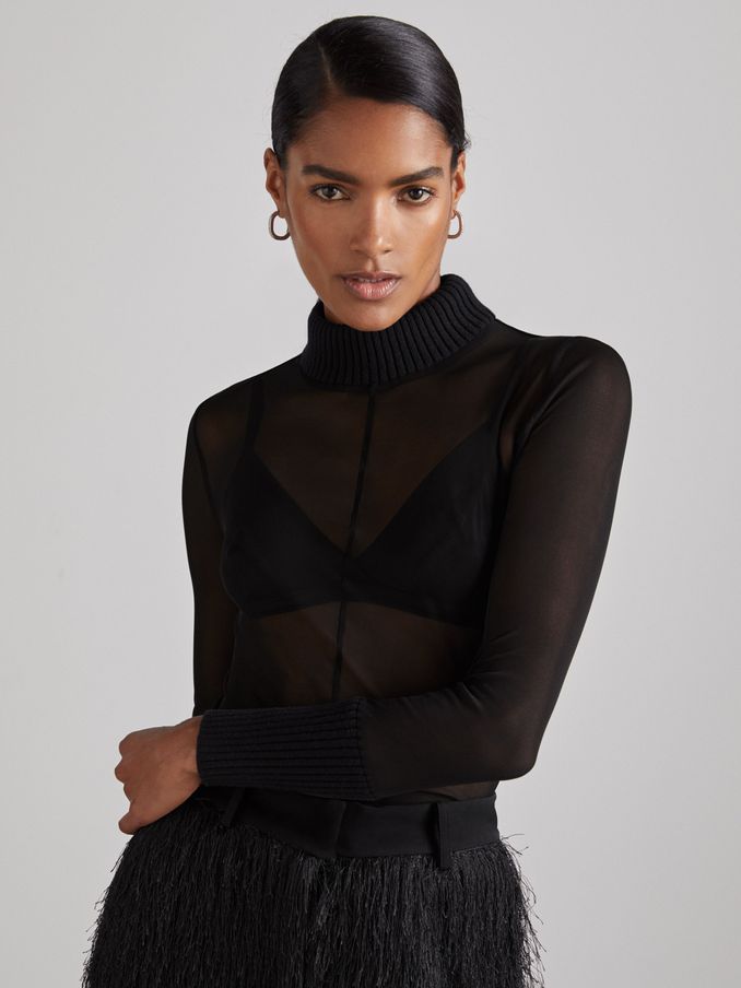Atelier Sheer-Jersey Funnel-Neck Top in Black (AB2346) | AED657