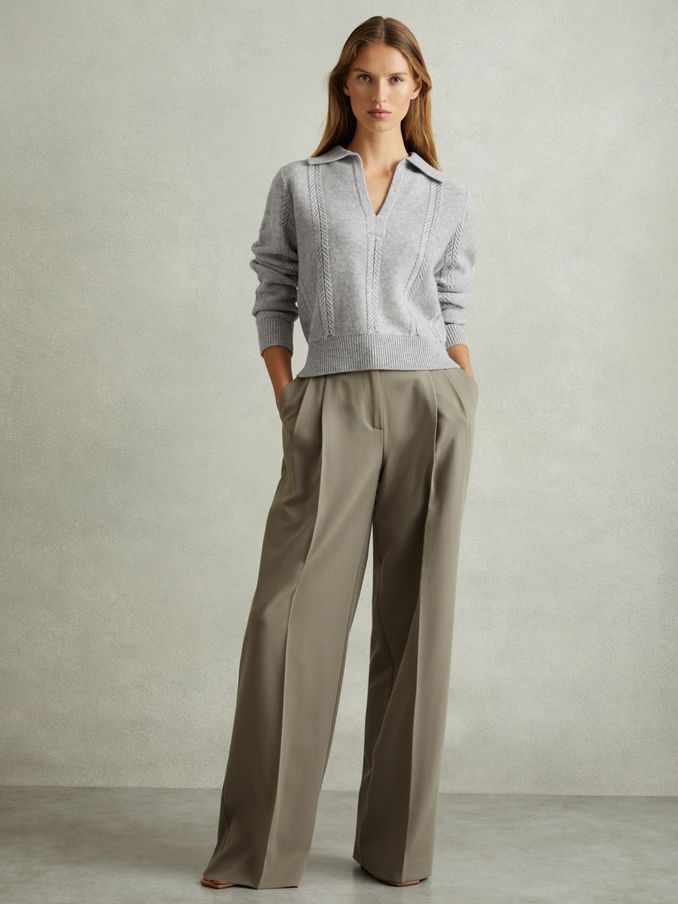Wool-Cashmere Cropped Open-Collar Jumper in Grey Marl (AB2349) | US$110