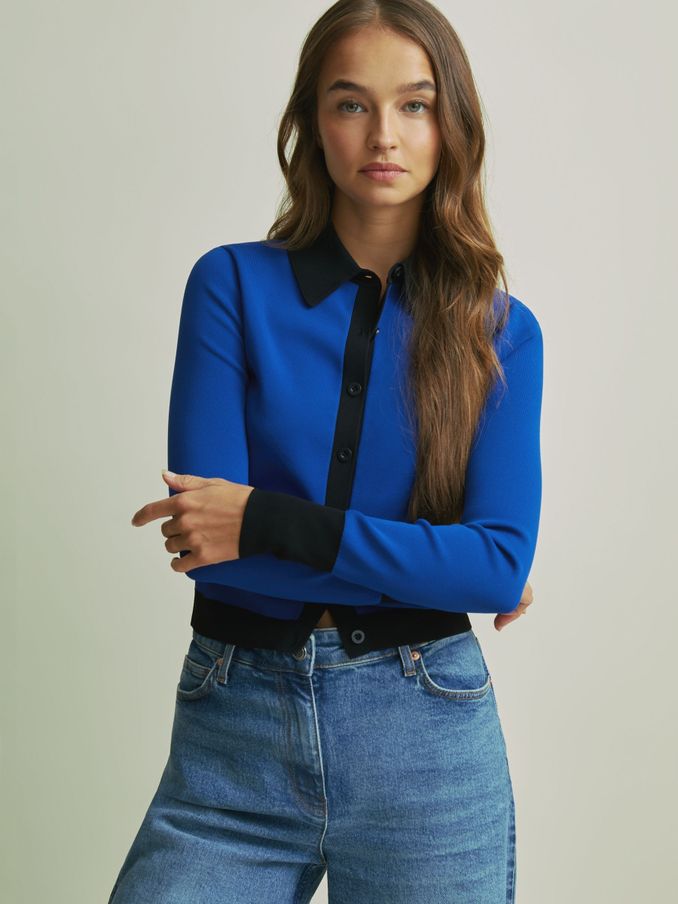 Florere Bright Blue Contrast Trim Cropped Cardigan in Bright Blue (AB2352) | €54