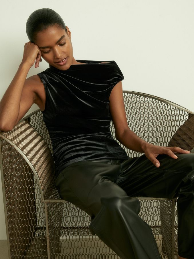 Velvet Drape Off-Shoulder Top in Black (AB2357) | US$36