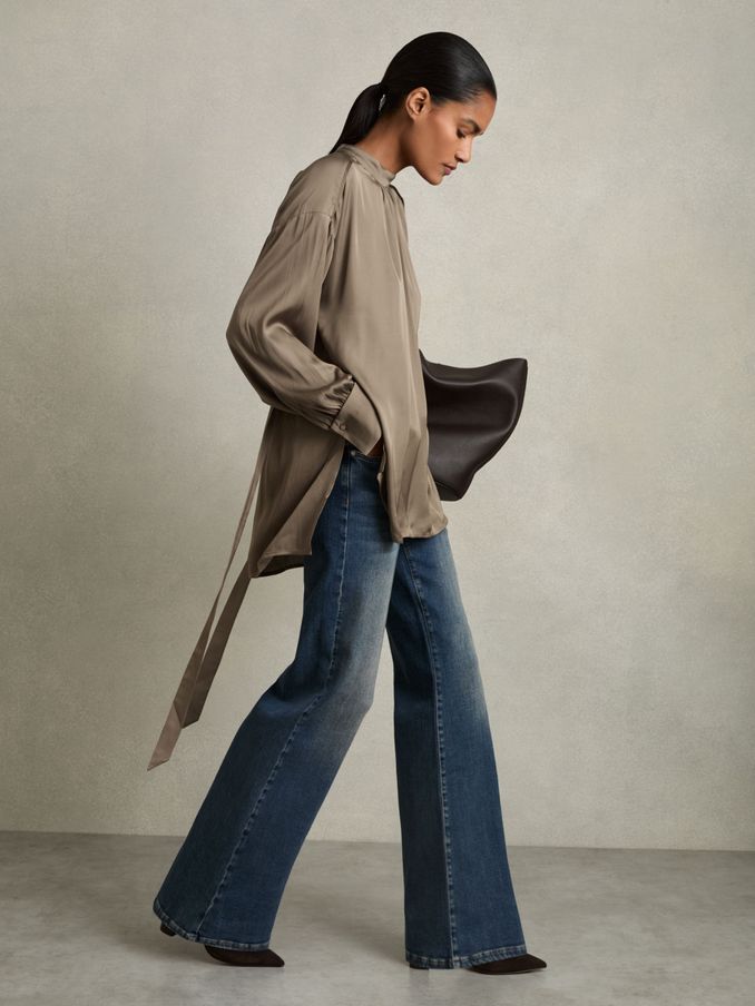 Woven High-Neck Belted Blouse in Mink (AB2360) | €124