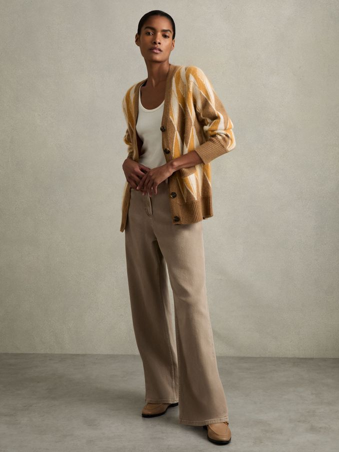 Wool-Cashmere Diamond-Jacquard Cardigan in Camel/Yellow (AB2362) | €126