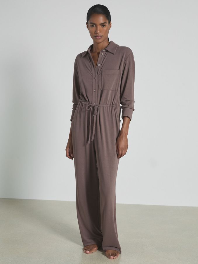 Thermal Jersey Drawstring Jumpsuit in Dark Mink (AB2366) | US$132