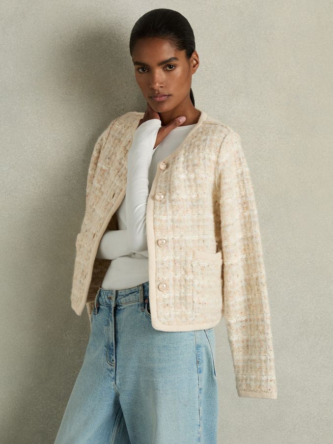 Tweed-Effect Cardigan with Merino in Light Pink (AB2369) | US$129