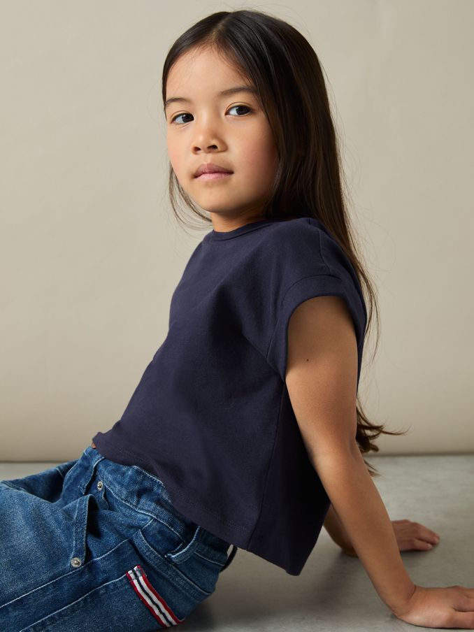 9-13 yrs Cotton-Jersey Cropped T-Shirt in Navy (AB2372) | US$20