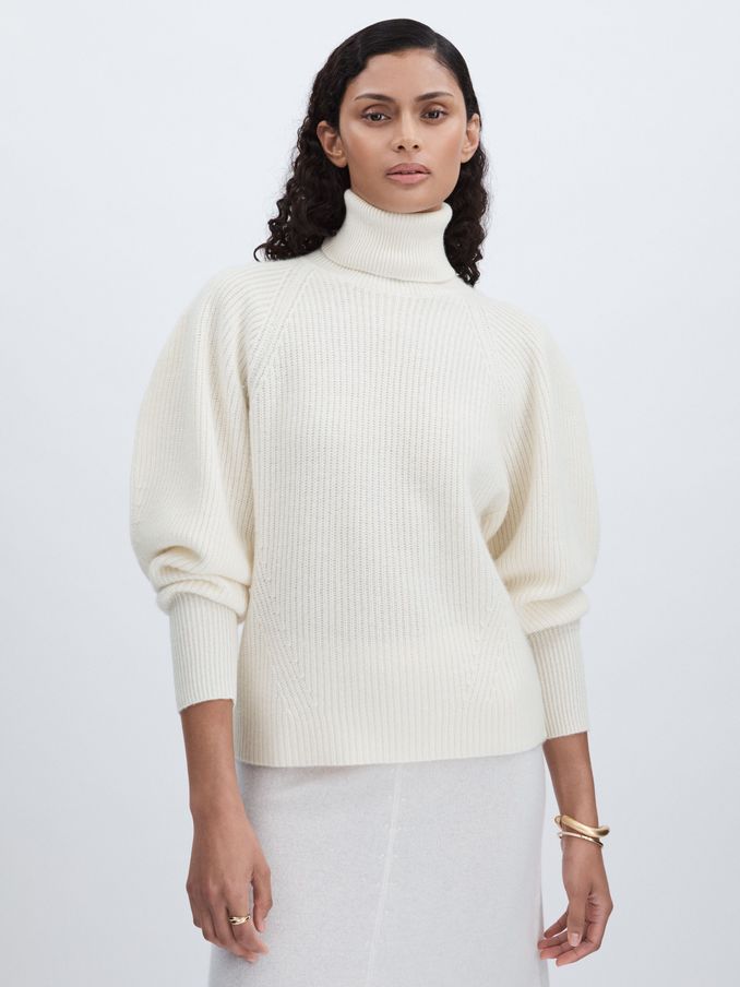 Wool Cashmere Roll Neck Jumper in Cream (AB2376) | US$310