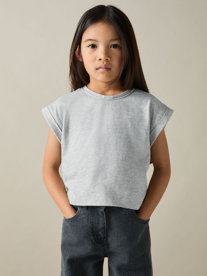 9-13 yrs Cotton-Jersey Cropped T-Shirt in Grey (AB2378) | US$20