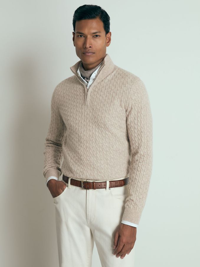 Atelier Cabled-Cashmere Zip-Neck Jumper in Oatmeal Melange (AB2381) | US$222