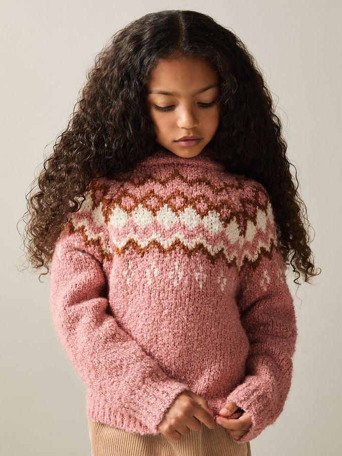 9-13 yrs Cotton-Wool Fair Isle Hoodie in Mink (AB2384) | €28