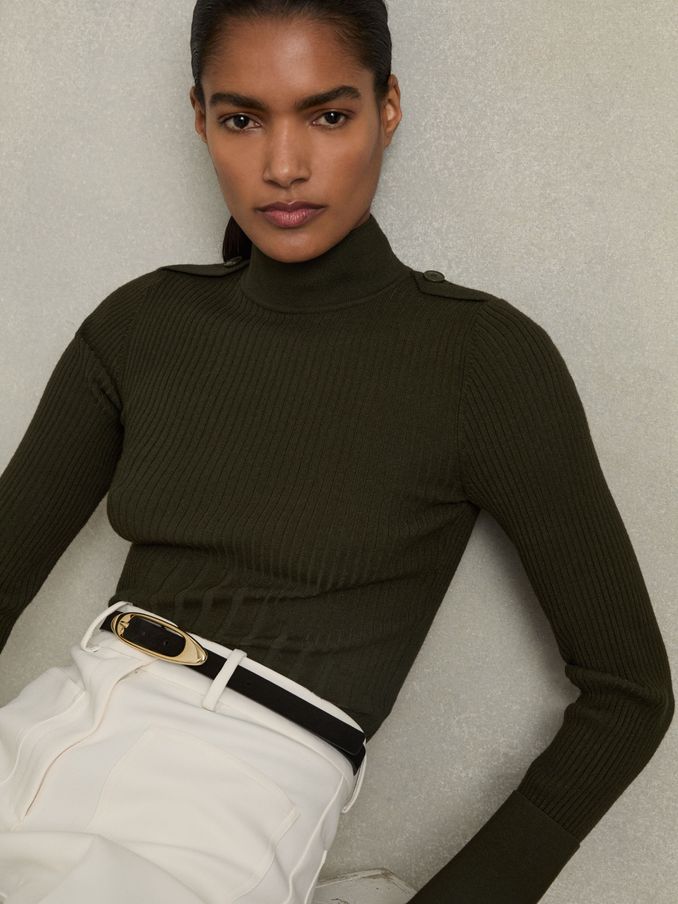Rib-Knit High-Neck Top in Green (AB2389) | US$141