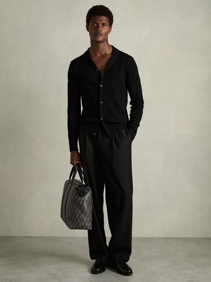 Jacquard Cuban-Collar Button-Through Shirt in Black (AB2390) | US$126