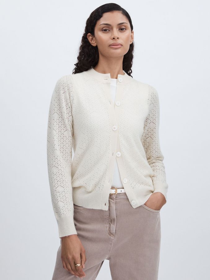 Madeleine Thompson Wool-Cashmere Lace-Knit Cardigan in Cream (AB2393) | US$240
