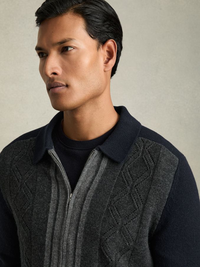 Wool Colour-Block Zip-Through Cardigan in Navy/Grey (AB2402) | €124