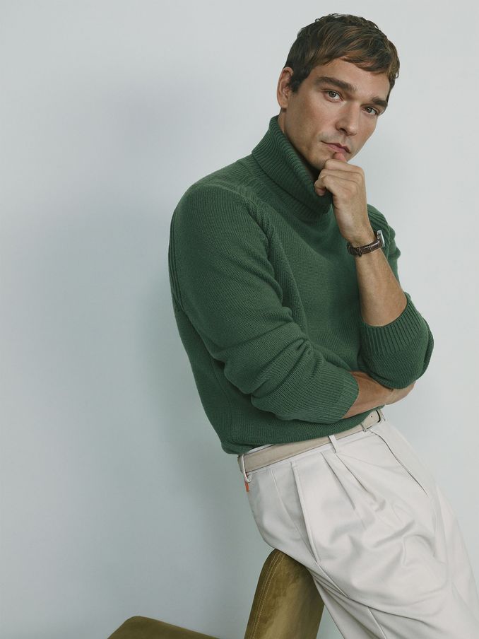 Wool-Blend Ridge-Seam Roll-Neck Jumper in Green Smoke (AB2409) | $178