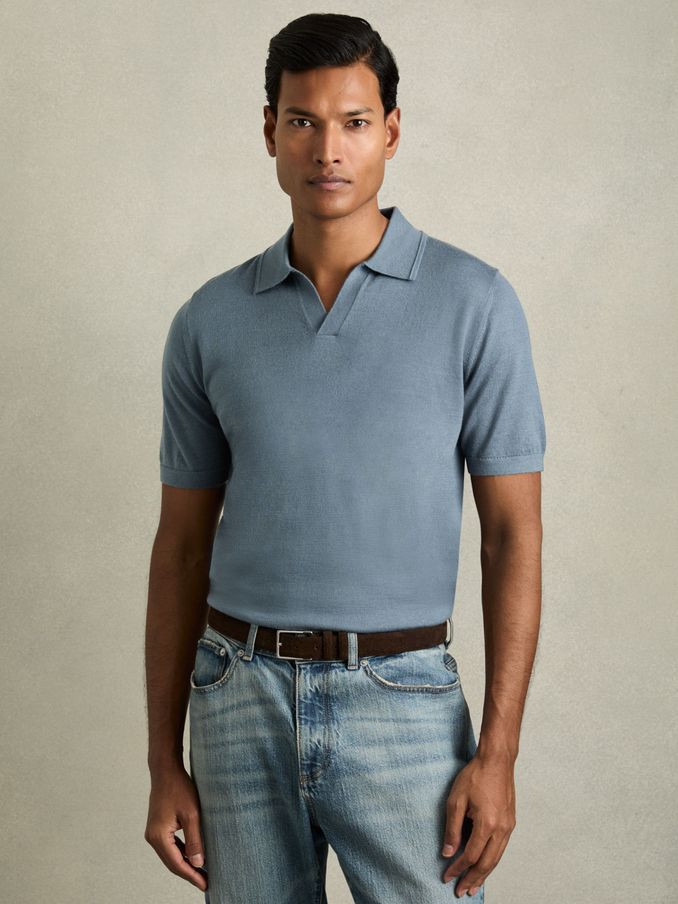 Merino Wool Open Collar Polo Shirt in Airforce Blue (AB2411) | $180