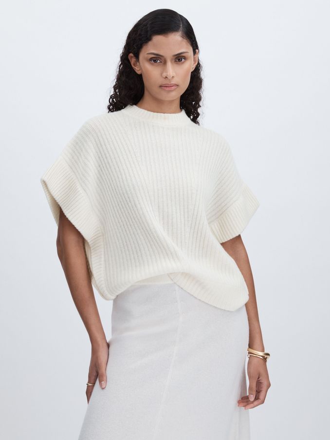 Wool Cashmere Ribbed Top in Cream (AB2418) | US$310