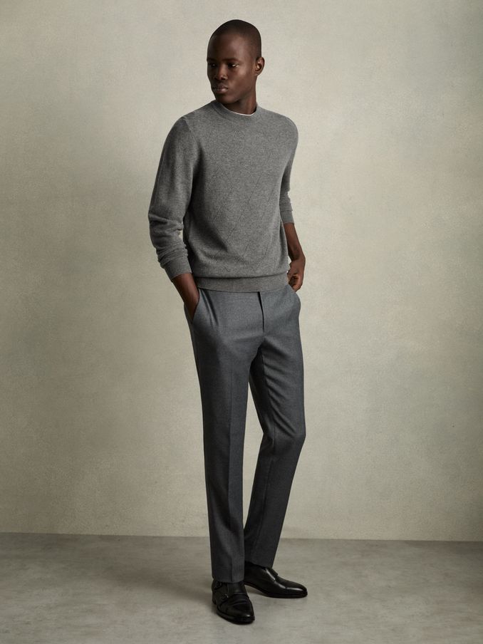 Wool Argyle Crew-Neck Jumper in Mid Grey Melange (AB2427) | US$117