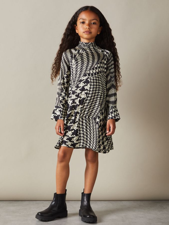 4-9 yrs Dogtooth Flared Hem Dress in Black/Cream (AB2429) | €38