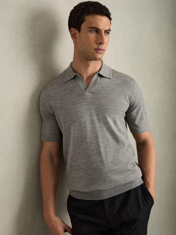 Merino Wool Open Collar Polo Shirt in Warm Grey Melange (AB2432) | CHF 130
