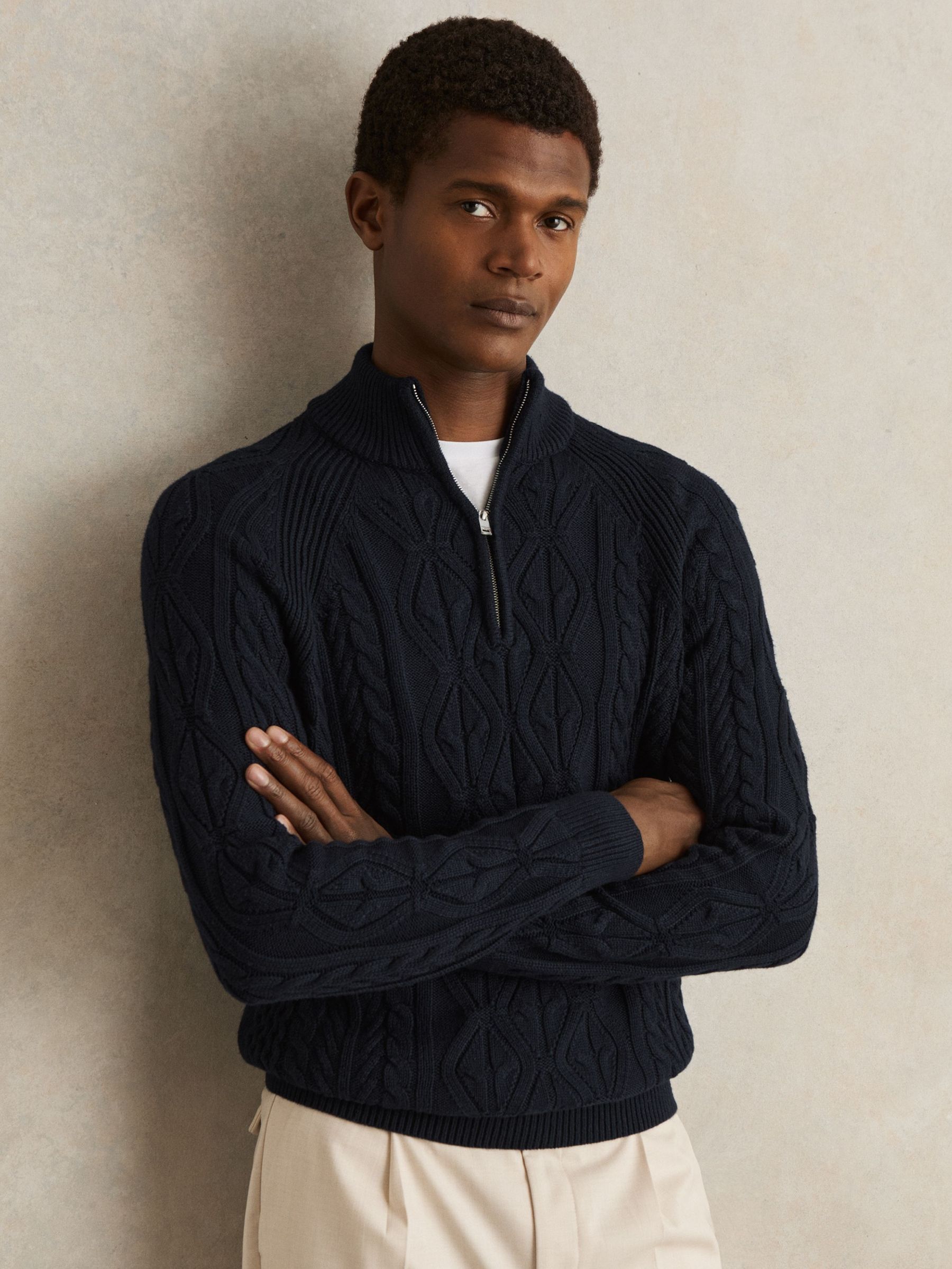 Cable-Knit Half-Zip Jumper in Navy (AB2435) | DKK1,000