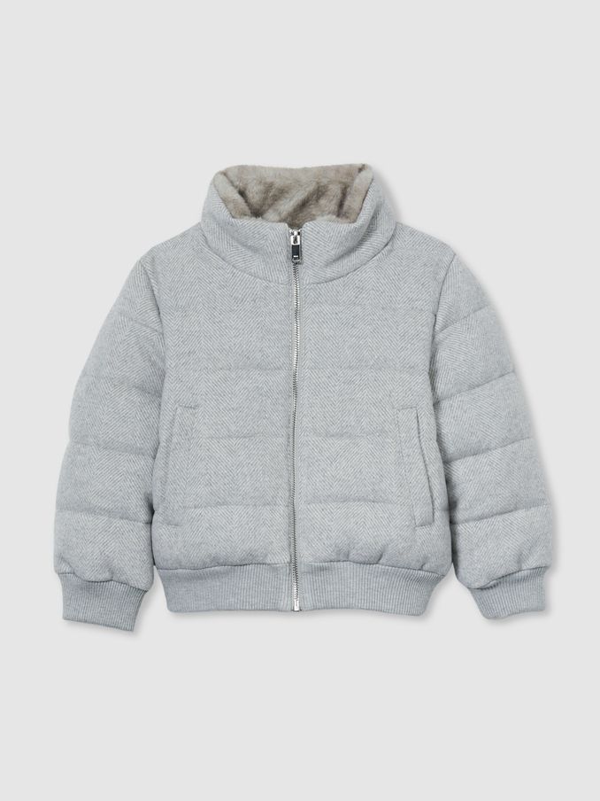 Herringbone Faux-Fur Collar Puffer Jacket in Soft Grey Melange (AB2440) | CHF 44