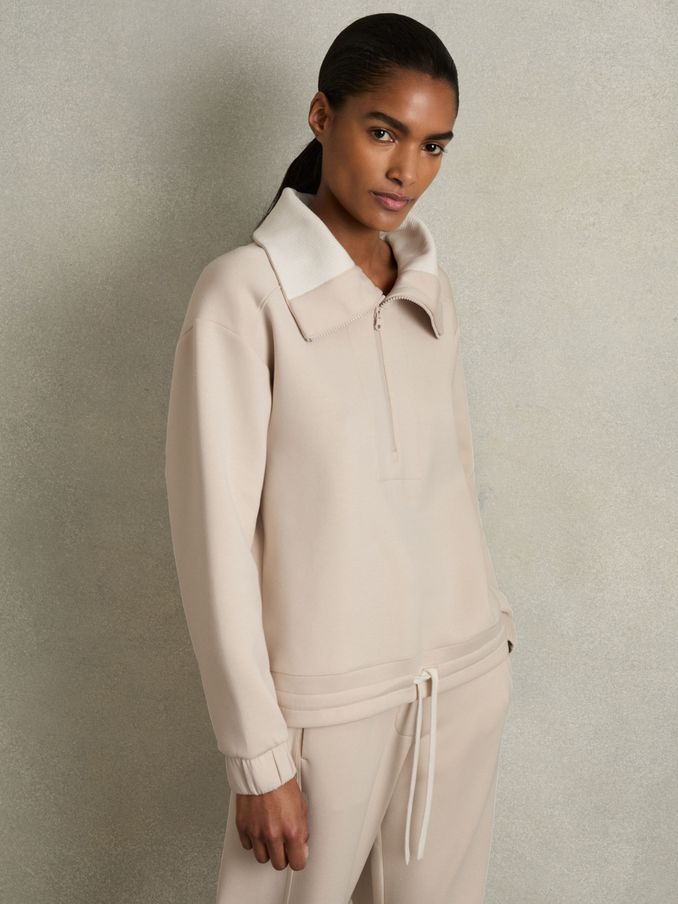 Jersey Half-Zip Drawstring-Hem Sweatshirt in Stone (AB2454) | US$159
