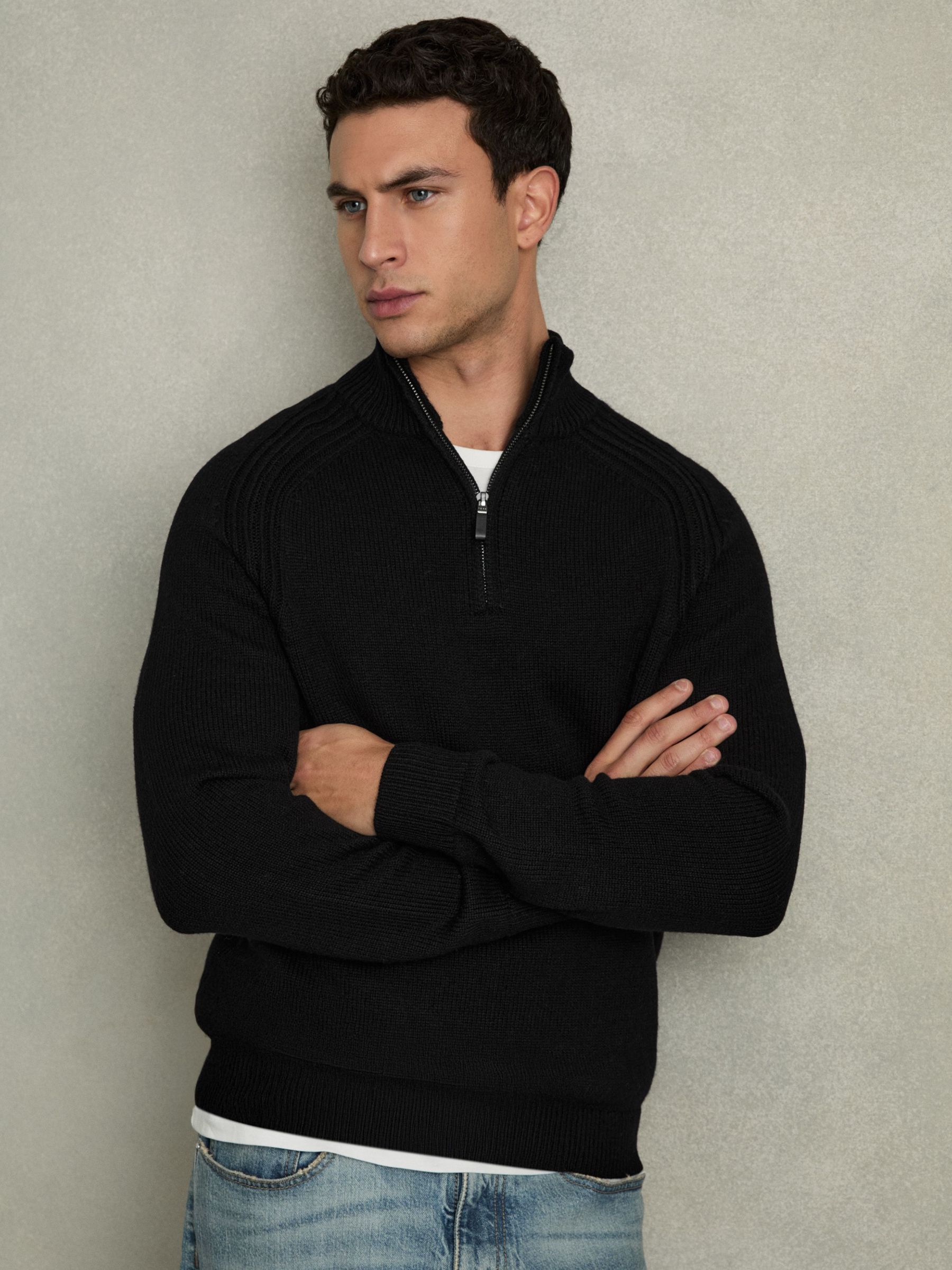 Wool-Blend Ridge-Seam Half-Zip Jumper in All Black (AB2465) | €185