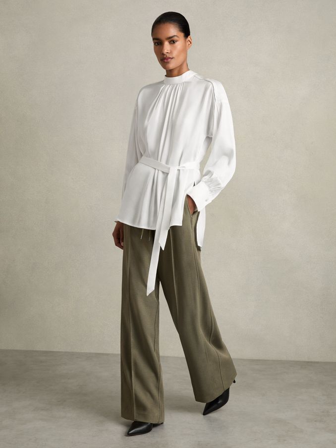 Woven High-Neck Belted Blouse in Ivory (AB2466) | €96