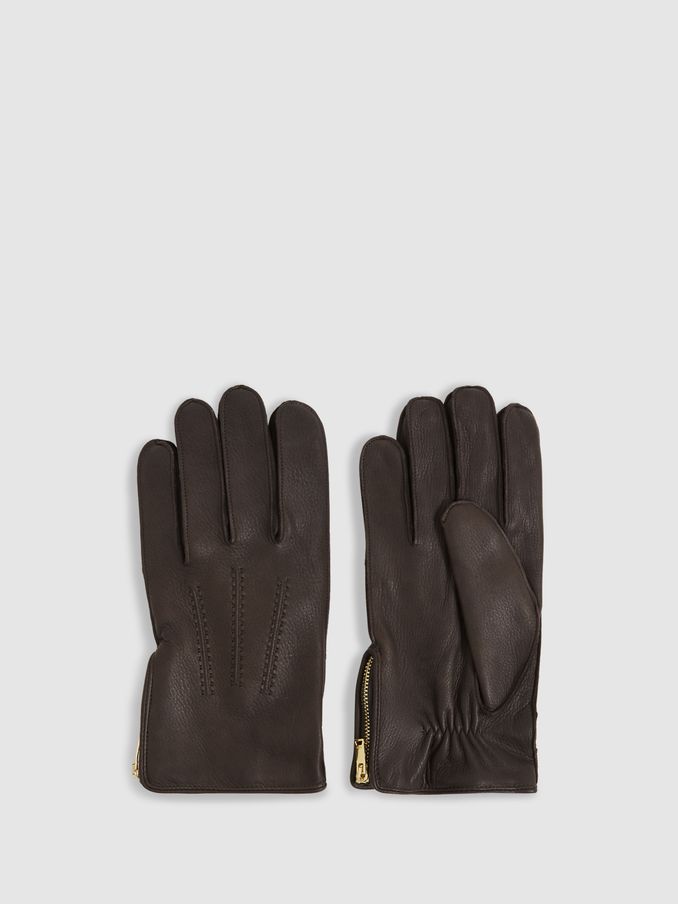 Leather Zip-Side Gloves in Dark Brown (AB2467) | US$180