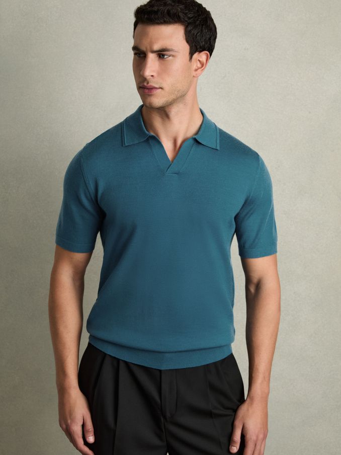 Merino Wool Open Collar Polo Shirt in Deep Teal Blue (AB2471) | $180