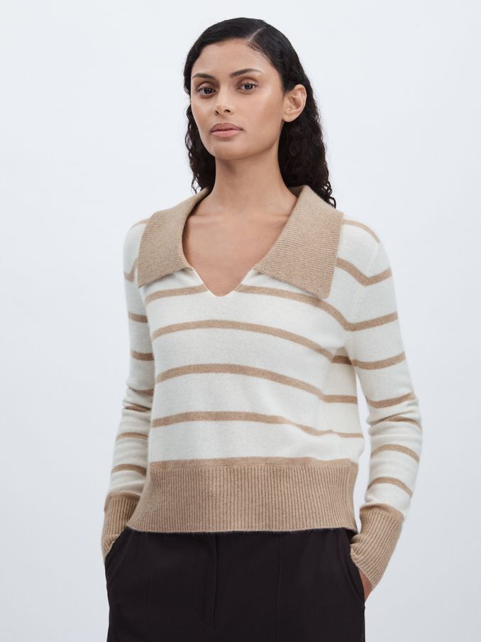 Cashmere Open Collar Striped Jumper in White/Beige (AB2481) | US$353