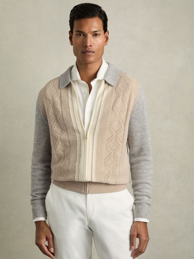 Wool Colour-Block Zip-Through Cardigan in Oatmeal/White (AB2487) | US$110