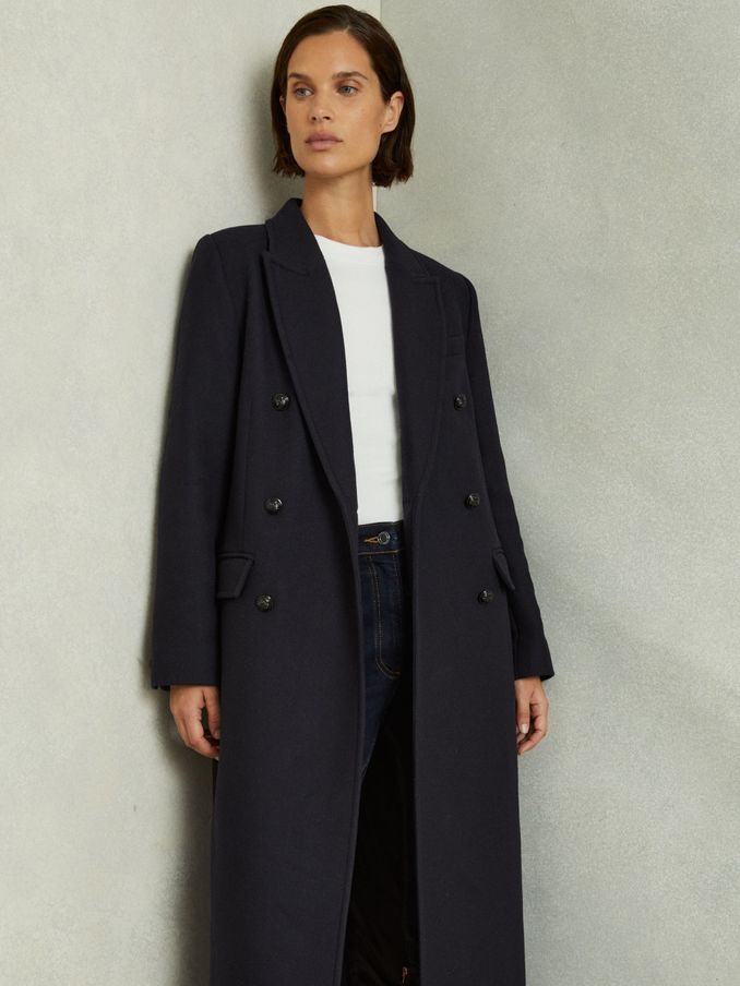 Wool-blend Twill Double-Breasted Coat in Navy (AB2492) | $309