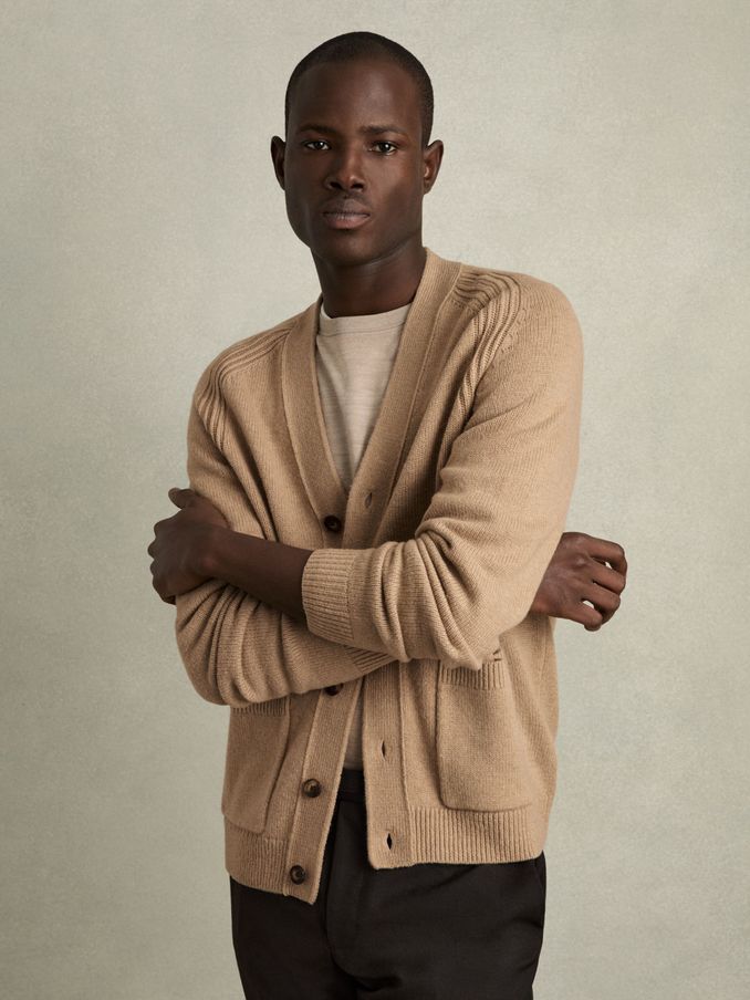Wool-Blend Ridge-Seam Cardigan in Camel Brown (AB2495) | US$110