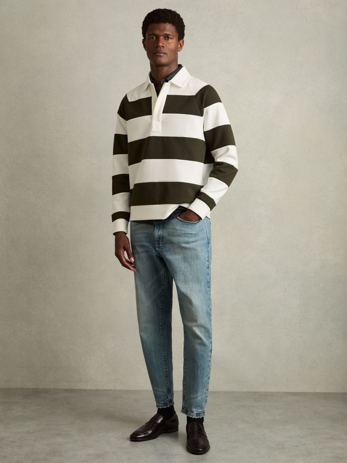 Rugby-Stripe Long-Sleeve T-Shirt in White/Dark Green (AB3812) | US$111