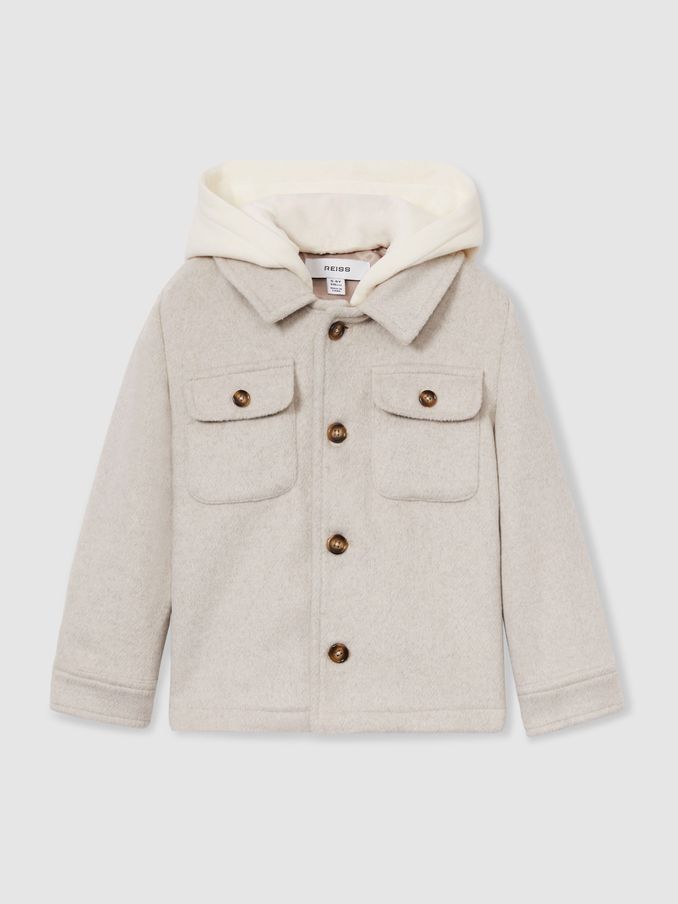 13-14 yrs Removable-Hood Brushed-Twill Overshirt in Stone (AB3816) | US$64